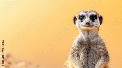 Alert meerkat standing on a rock with a yellow backdrop