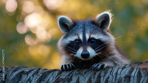 An inquisitive raccoon rests on a tree branch, its face highlighted by the soft glow of the forest backdrop