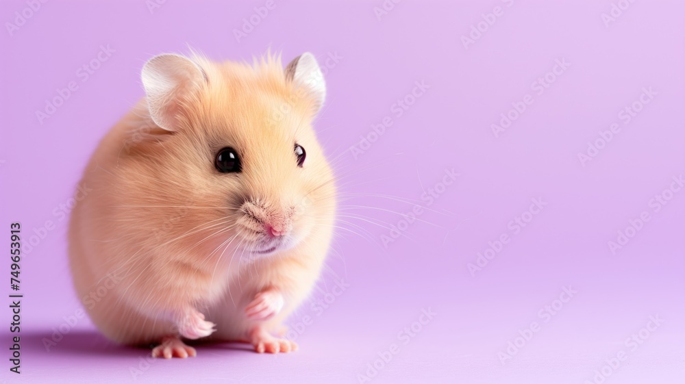 An adorable hamster with shiny eyes posing on a soft purple background An adorable hamster with shiny eyes posing on a soft purple background