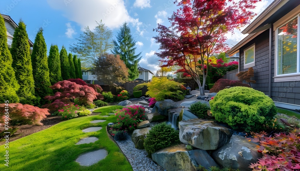 Beautiful backyard landscape design. View of colorful trees and decorative trimmed bushes rocks