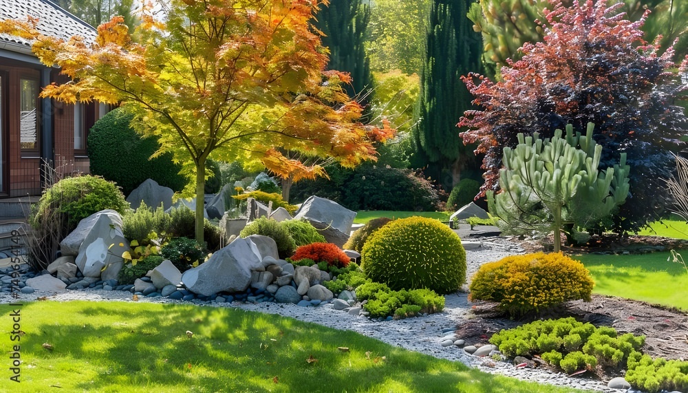 Obraz premium Beautiful backyard landscape design. View of colorful trees and decorative trimmed bushes rocks