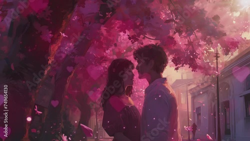 The scene of a couple letting go of their longing for each other under a beautiful cherry tree is filled with love effects. animated video (ID: 749654130)