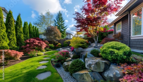 Beautiful backyard landscape design. View of colorful trees and decorative trimmed bushes rocks