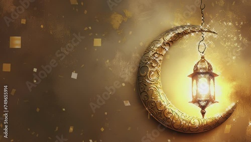 gold burning Islamic lantern with sprinkled particles welcoming Ramadan 2024. Animated looping background (ID: 749655914)