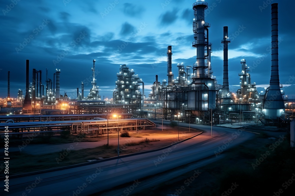 Petrochemical plant at night with blue sky and white clouds. Petrochemical plant at night with blue sky and white clouds.