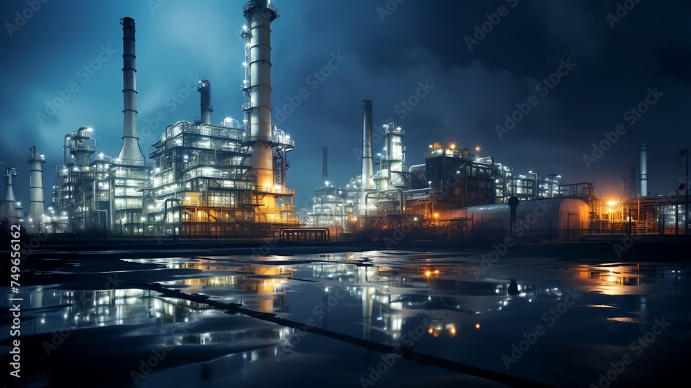 Oil refinery at night with reflection in water.