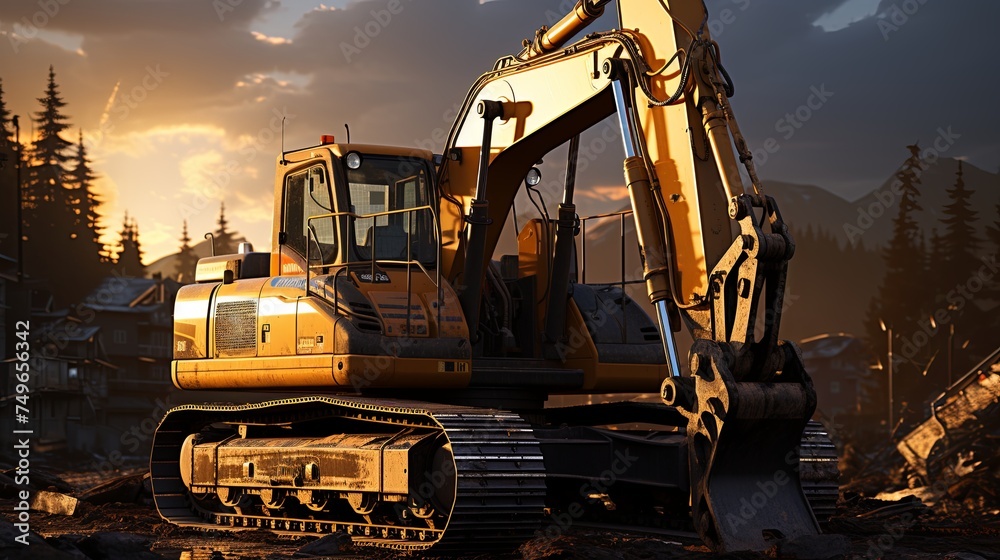 Excavator Working at Construction Site During Beautiful Sunset Excavator Working at Construction Site During Beautiful Sunset
