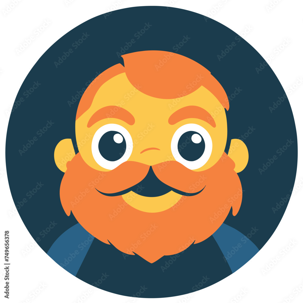 make a bearded sm man with big mustache in a circle, grinning man in a cap, vector illustration kawaii