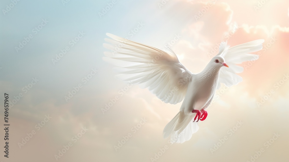 Obraz premium White dove in flight against a soft orange sky backdrop