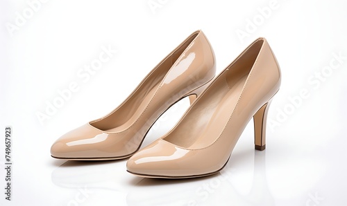 Pair of beige women’s high-heeled shoes on a white background