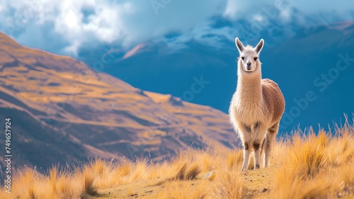 A curious llama stands on a golden hillside with the Andes mountains in the distance