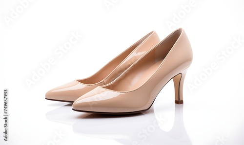 Pair of beige high heel shoes on a white