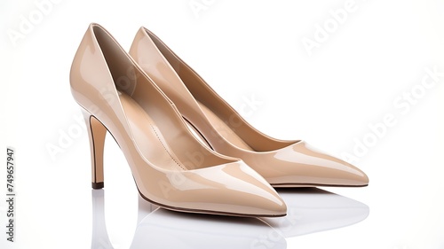 Pair of beige women’s high-heeled shoes on a white background