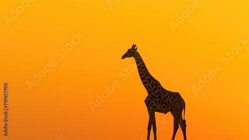 Silhouette of a giraffe against a golden sunset in the savannah