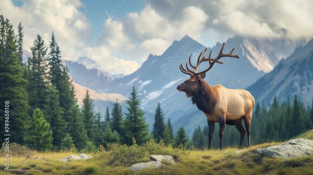 Majestic elk standing in a mountainous wilderness under a cloudy sky