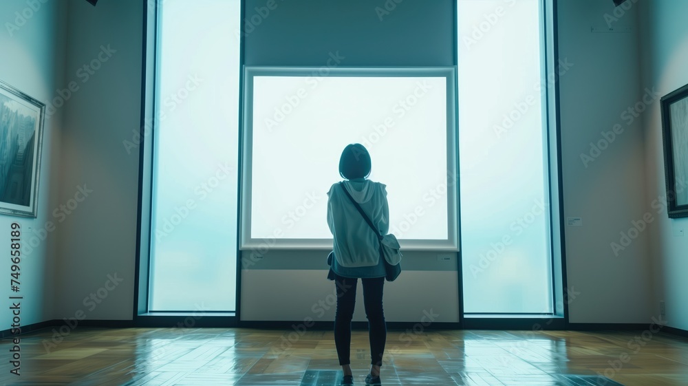 A woman contemplates a blank canvas in a minimalist art gallery