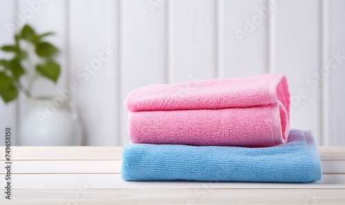 Stack of blue and pink towels on shelf against white wooden wall.