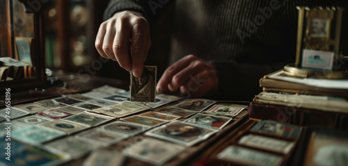 Person's hand selecting stamps, reflecting a collector's precision photo