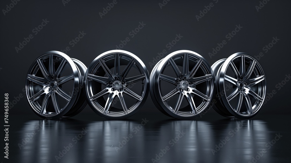 A set of four glossy metallic car rims displayed against a dark background