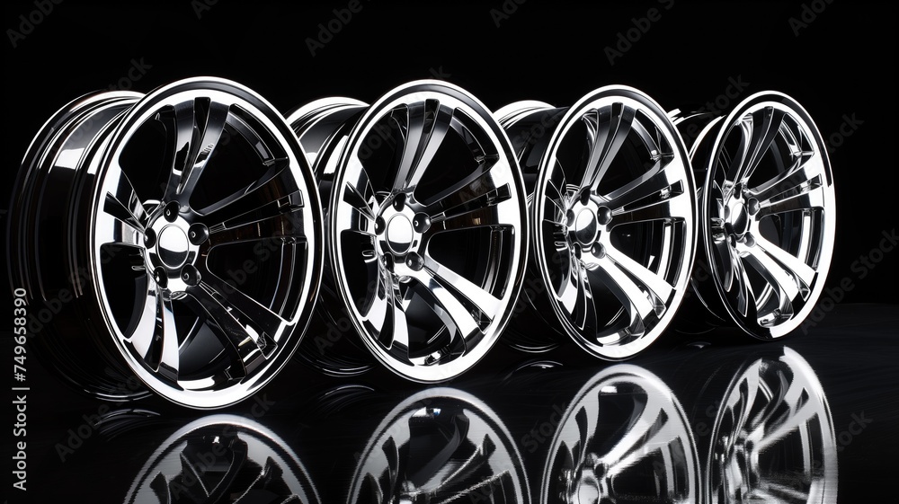 A set of five shiny alloy car wheels reflecting on a dark surface