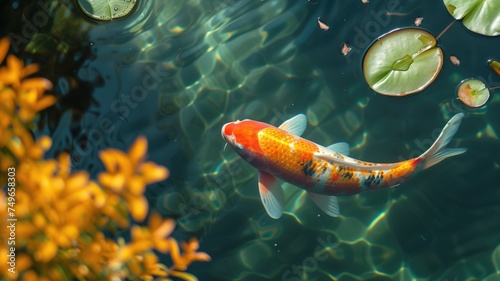 Colorful koi fish swimming in a tranquil, sunlit pond photo