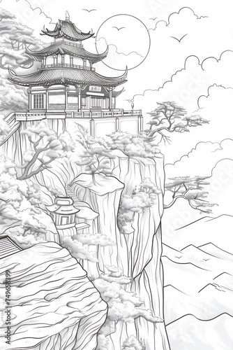 Coloring pages of Asia traditional house on the edge of rock cliff with sun