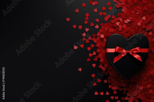 A heart-shaped black gift box tied with a red ribbon on a dark background with red heart confetti.