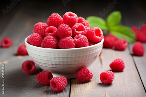 Ripe raspberries in a bowl on a wooden background.