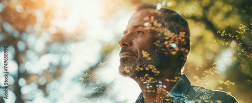 Mature man in contemplation, double exposure with lush greenery, reflecting connection with nature.