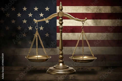 Golden scales of justice in front of the American flag, symbolizing law and patriotism. Justice and Freedom - Scales and American Flag photo