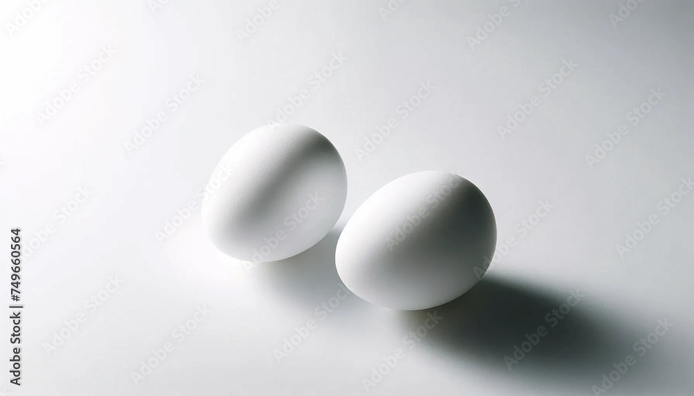 Two white eggs on a white counter top background Two white eggs on a white counter top background