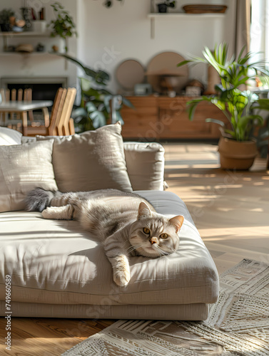 Beautiful light brown tabby cat, lying on a sofa, in a cozy house backlit by the sun coming through a window. cinematographic scene