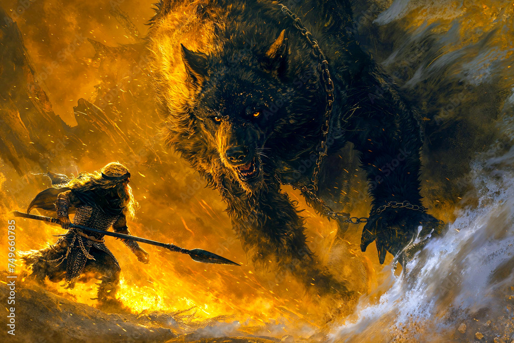 Odin Fighting Fenrir The Wolf In Broken Chains At Ragnarock Norse 