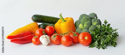 A variety of fresh vegetables such as carrots, tomatoes, lettuce, and bell peppers are neatly piled on a clean white table, showcasing a bountiful display of healthy food items.