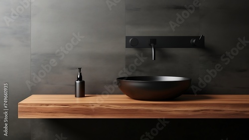 Modern black sink and faucet on black marble counter top.