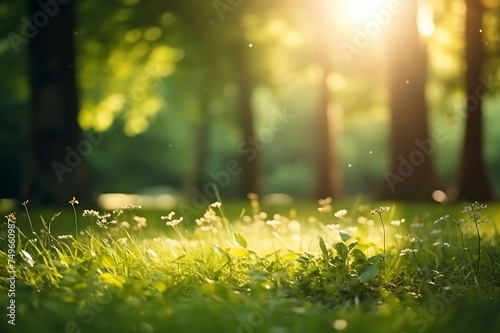 Sunlight in the green forest. Beautiful nature background with sunlight.