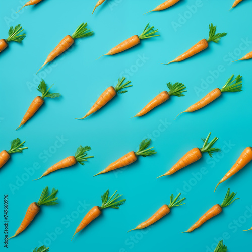 Easter design featuring carrots on a vivid blue backdrop, showcasing a creative, minimalistic holiday theme. Flat lay arrangement.