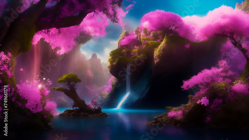Fantastic landscape with mountains, trees, waterfalls, rocks, flowers, and water. Fantasy paradise, dreamlike world, wallpaper background, wall art for home decor © YOAQ