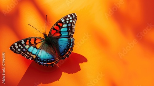 A colorful butterfly casting a shadow on a bright orange background