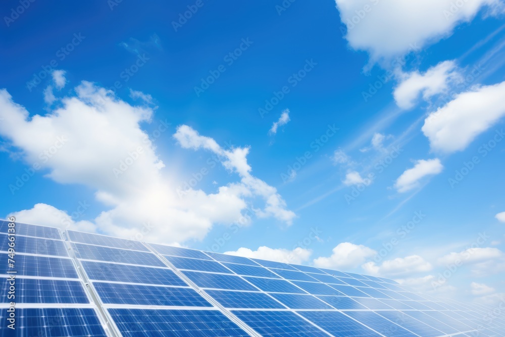 Solar energy panels with a vibrant blue sky and fluffy clouds above, symbolizing clean energy and environmental sustainability.