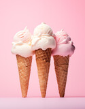 Strawberry Ice Cream Trio on Pink Background. Minimal summer background. Food deconstructed food styling concept.