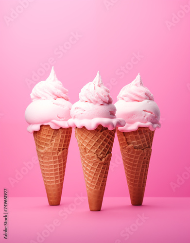 Strawberry Ice Cream Trio on Pink Background. Minimal summer background. Food deconstructed food styling concept.