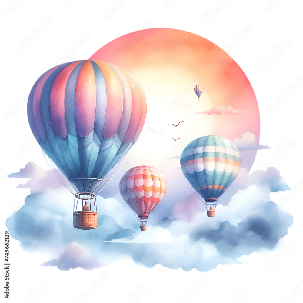 Naklejka premium Colorful hot air balloons float peacefully across a clear blue sky