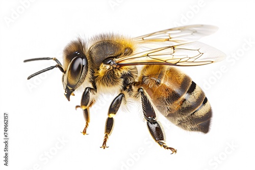 A detailed close-up of a bee isolated on a white background, highlighting the elegance of this vital pollinator © Saran