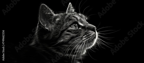 A black and white image showcasing a beautiful tabby cat posing for the camera in a stark black background. The cats distinctive markings and expressive eyes are the focal points of the photograph.