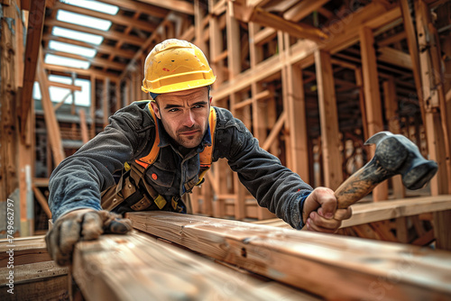 A construction worker wielding a hammer to drive nails into wooden beams