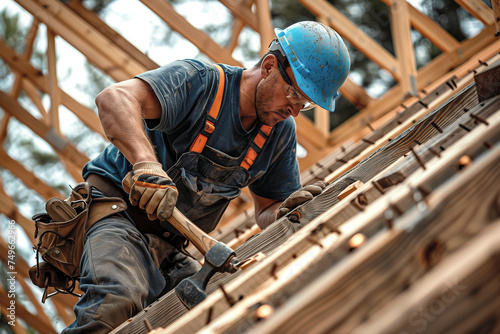 A construction worker wielding a hammer to drive nails into wooden beams