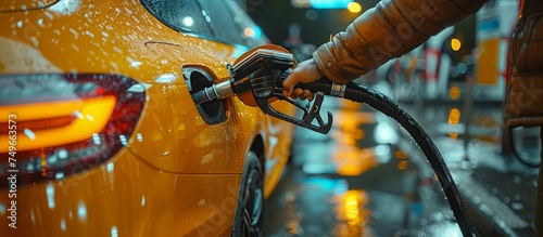 Hand Fueling Car at Gas Station. Gasoline Pumping at Petrol Station photo