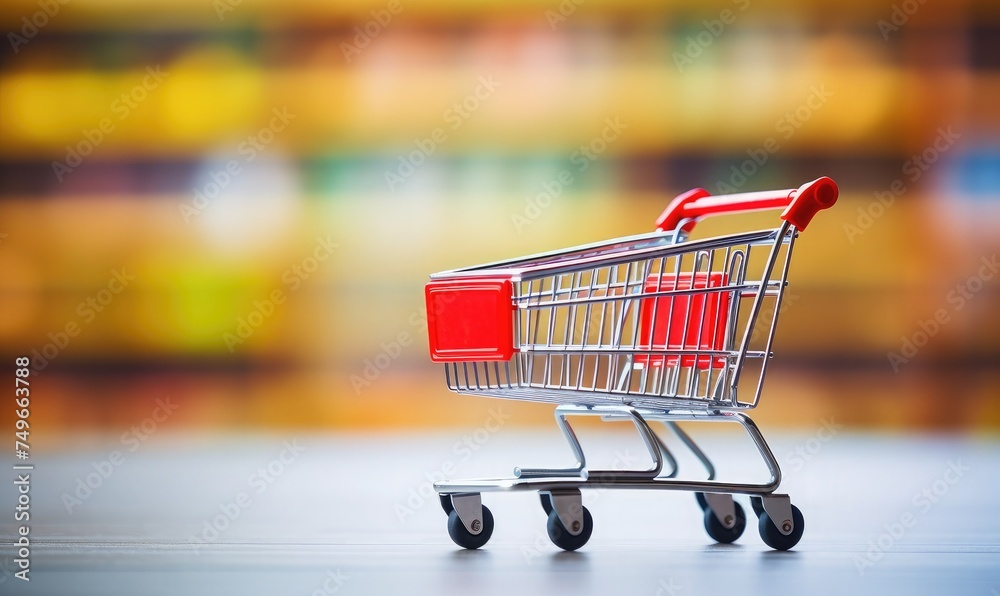 shopping cart, supermarket shelf background, selective focus 