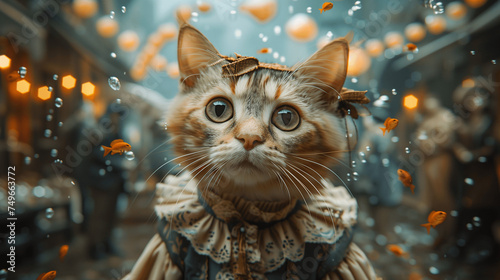 Whimsical Cat with Fish and Bubbles © Stanley
